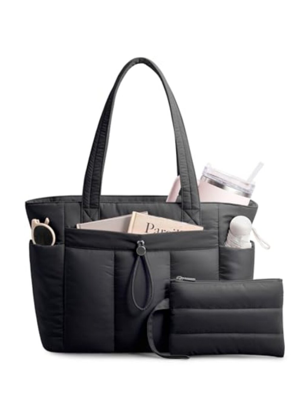 Puffy Tote Bag with Cup Holder Laptop Compartment Cosmetic Bag Trolley Sleeve